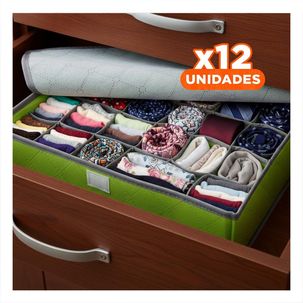 Pack12 Caja Textil para Ropa Interior 24 Divisiones con Tapa Verde Hogar Pro Y Papel Regalo