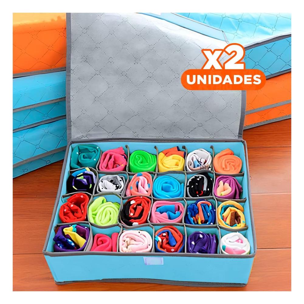 Pack2 Contenedor Organizador de Ropa Interior 24 Divisiones con Tapa Celeste Y Papel Regalo