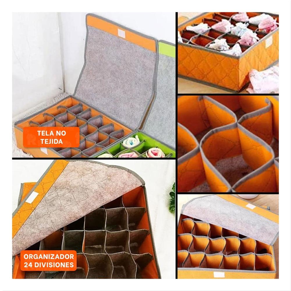 Organizador de Ropa Interior 24 Divisiones con Tapa Naranja Estilo Hogar Pro Y Ligas Regalo