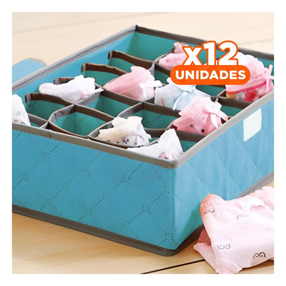 Pack12 Caja Textil para Ropa Interior 24 Divisiones con Tapa Celeste Hogar Pro YPapel Regalo