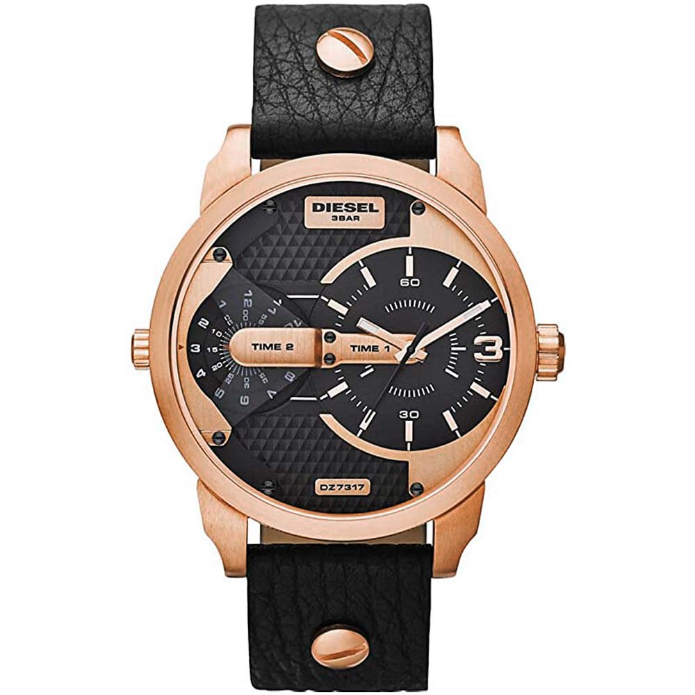 Reloj Diesel Mini Daddy DZ7317 Doble Hora Cuero Negro Acero Oro Rosado