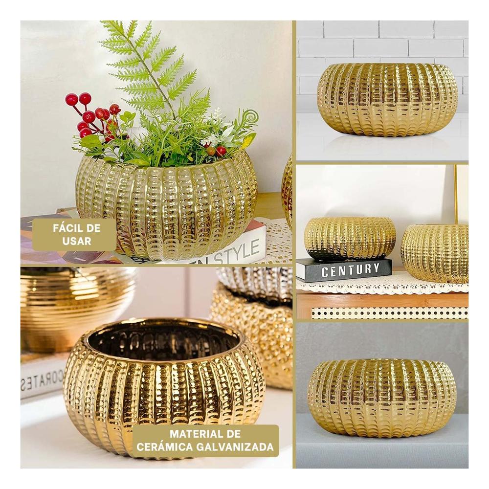 Recipiente Cuenco Ceramica Galvanizada 15x20x10.5cm Dorado Acanalado Decorativo Y Ligas Regalo