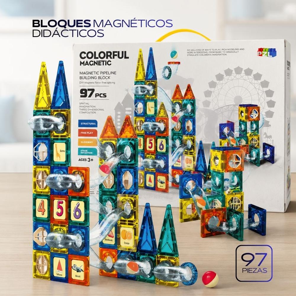 Juego Bloques Magnético Didáctico 97pcs con Pista y Canicas