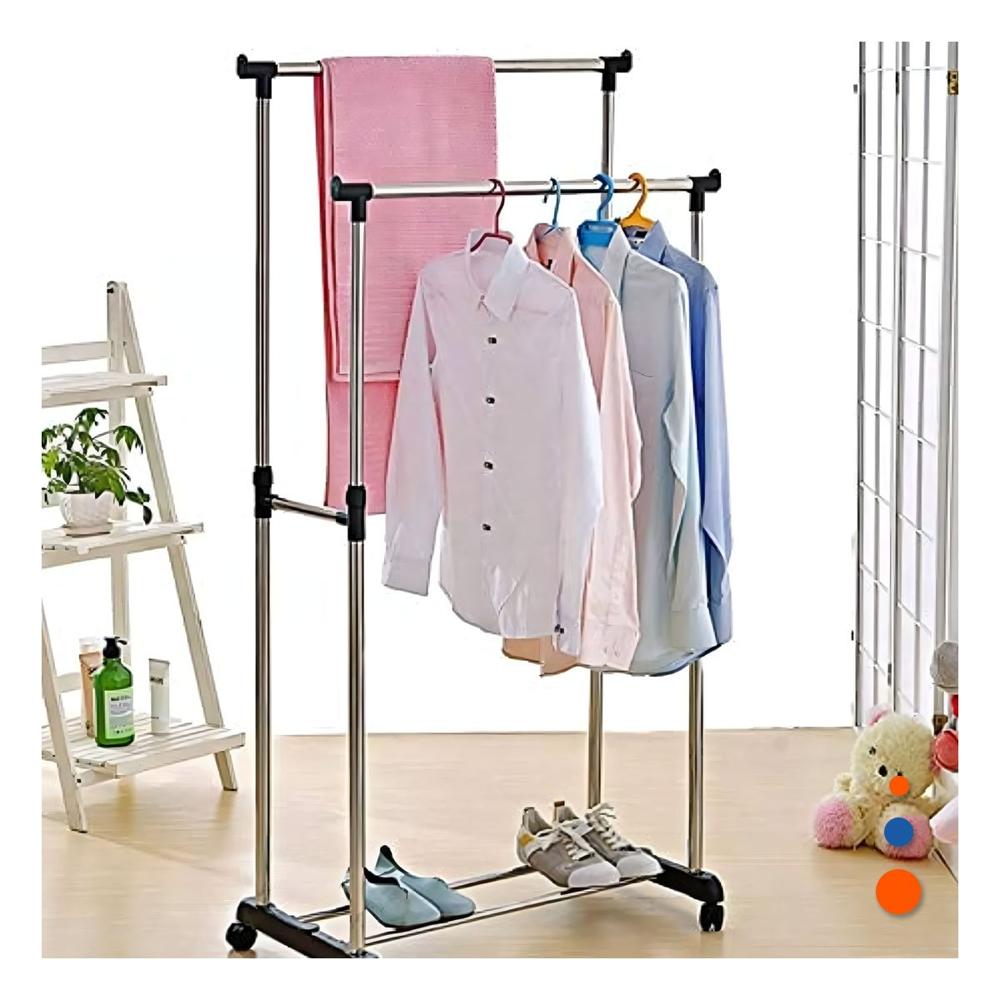 Perchero Colgador Doble de Ropa Barra Pequena Plateado Diseno Compacto Y notas