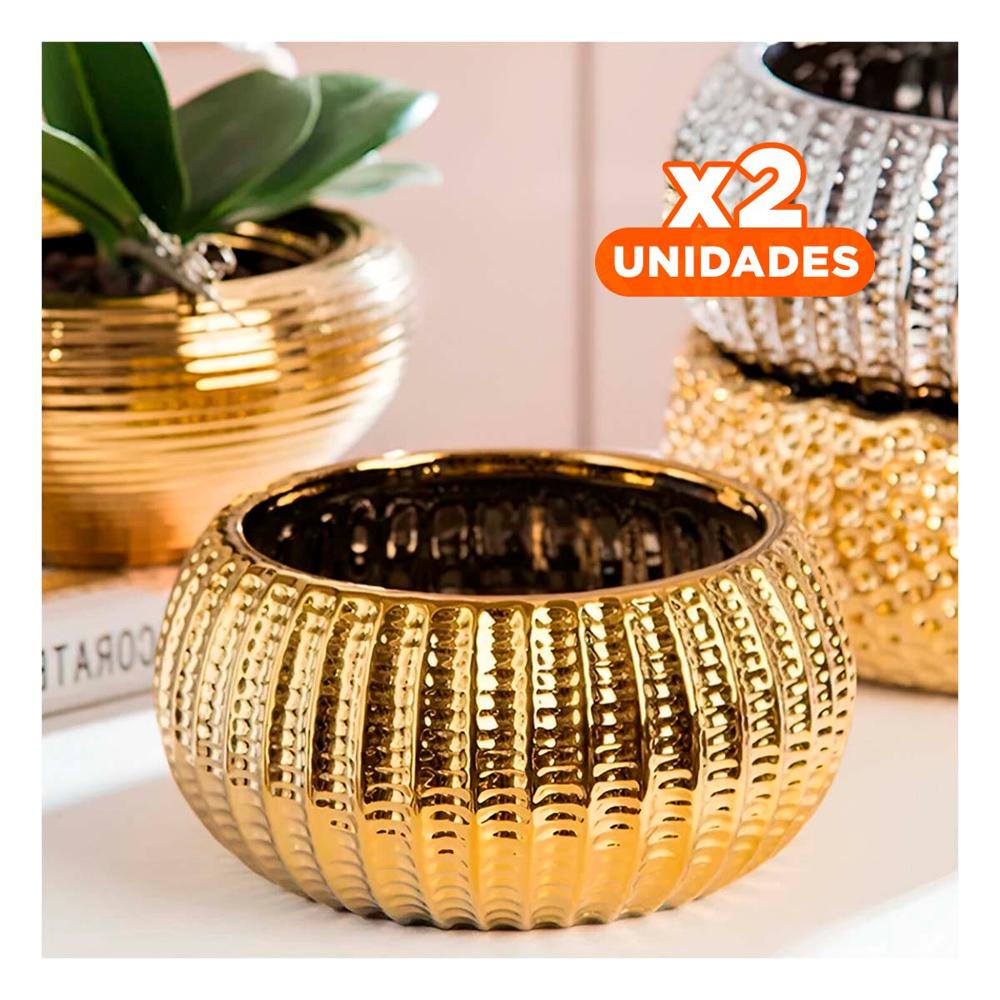 Pack2 Maceta Redonda Ceramica Dorado 17.5x22x11.5cm