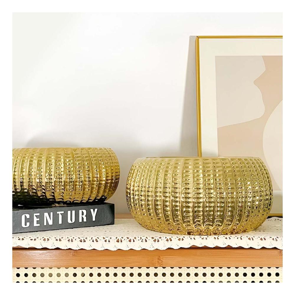 Maceta Decorativa Cuenco De Ceramica Galvanizada 17.5x22x11.5cm Dorado Acanalado