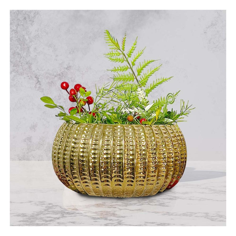 Jardinera Cuenco De Ceramica Galvanizada 17.5x22x11.5cm Dorado Acanalado Y Papel Regalo