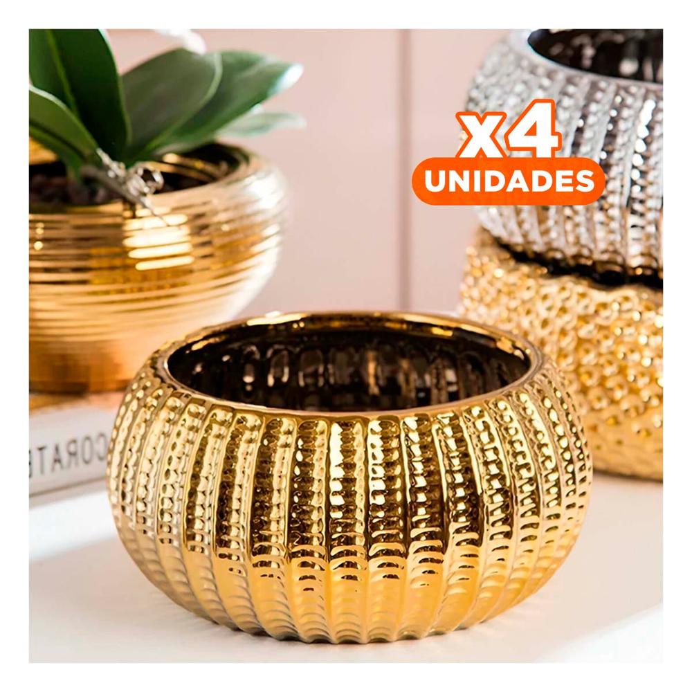 Pack4 Planta Decorativa Ceramica Dorado 17.5x22x11.5cm Y Papel Regalo