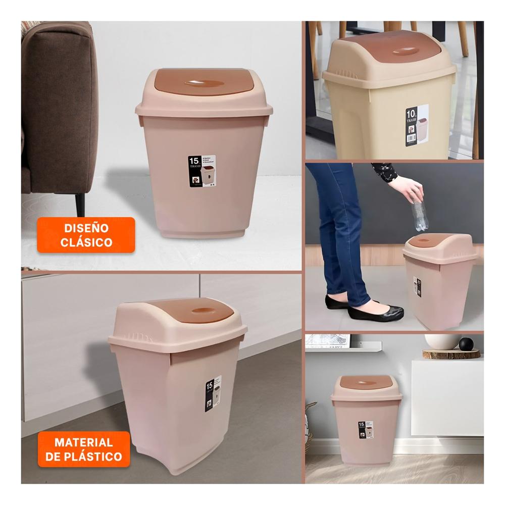 Tacho con Tapa Vaiven para Basura en Color Marron con Capacidad 15L Y Ligas Regalo