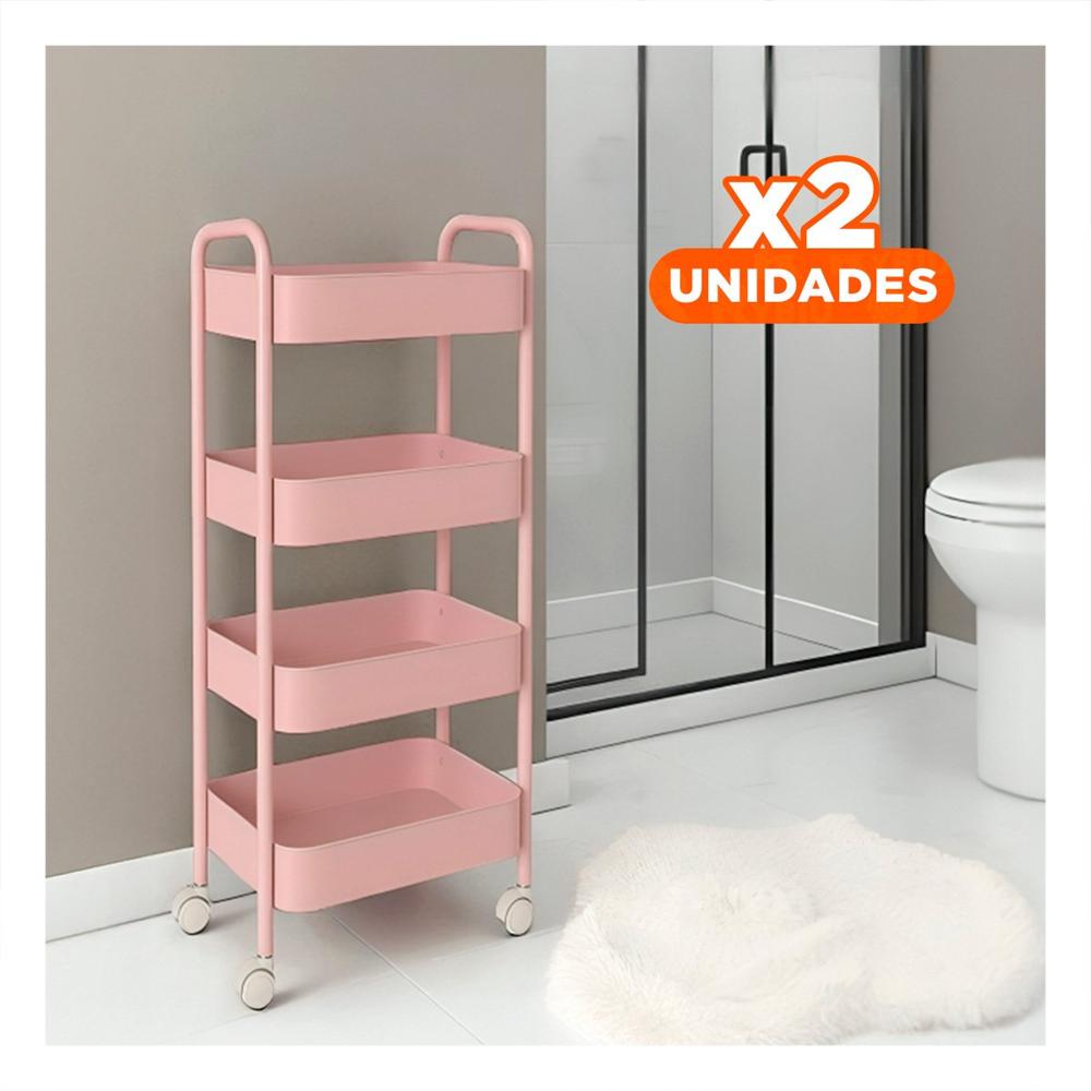 Pack2 Sistema organizador de 4 niveles con ruedas y asas para hogar metal rosado