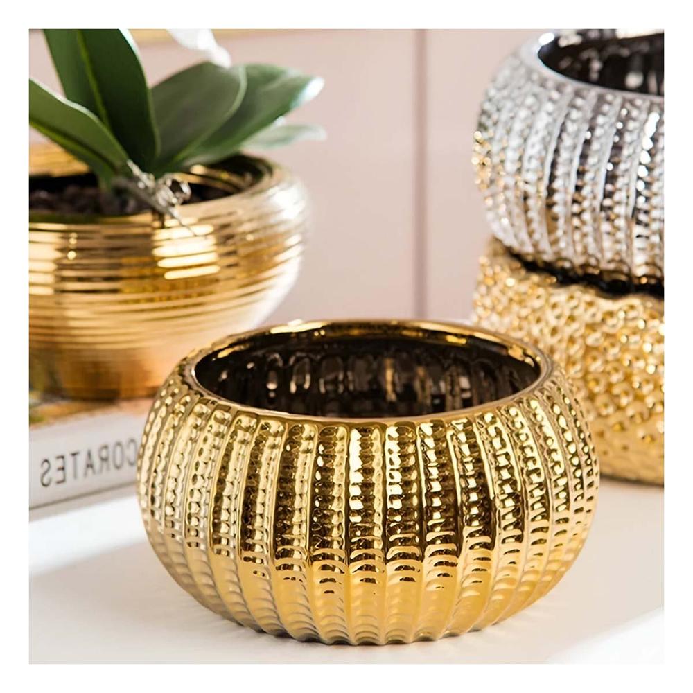 Maceta Decorativa Cuenco Ceramica Galvanizada 15x20x10.5cm Dorado Acanalado
