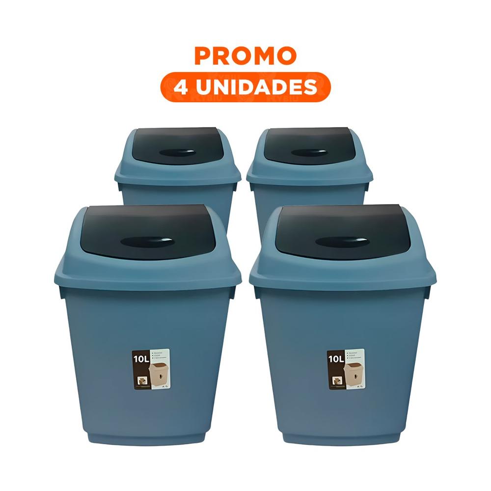 Pack4 Recipiente Azul para Basura con Apertura Vaiven 10L