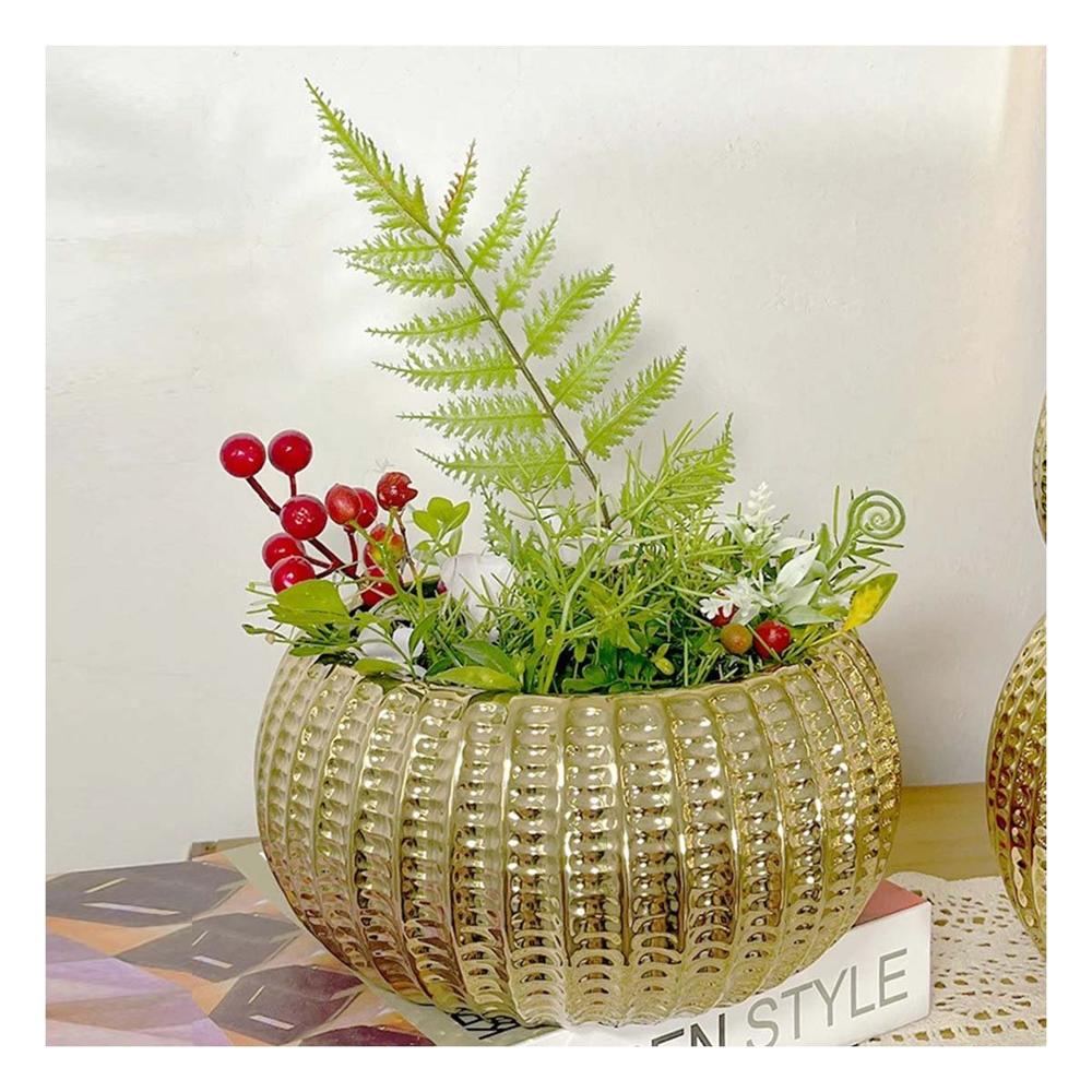Contenedor Cuenco Ceramica Galvanizada 15x20x10.5cm Dorado Acanalado Para Plantas Y notas