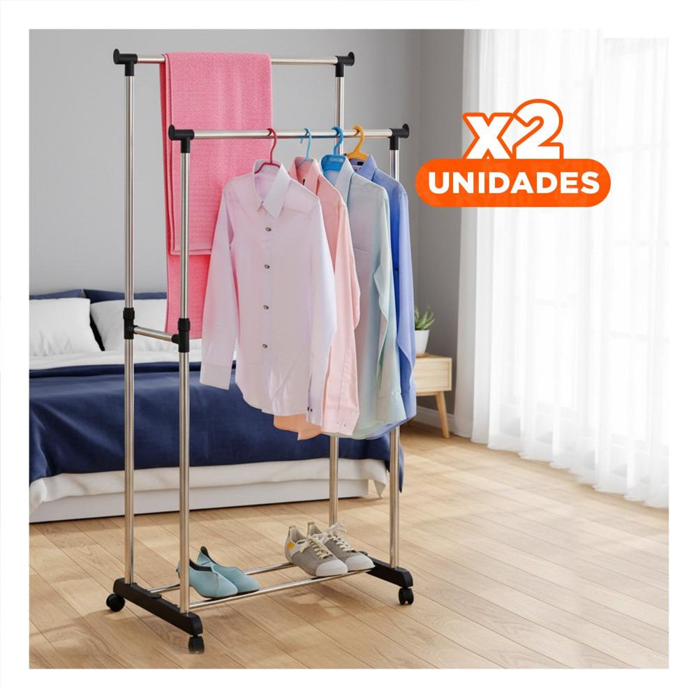 Pack2 Rack Colgador Doble de Ropa Barra Pequena Plateado Resistente