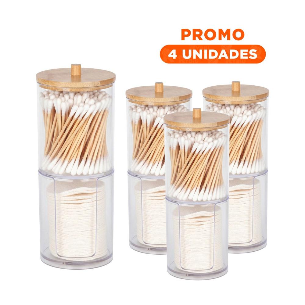 Pack4 Frasco Doble de Acrilico con Tapa de Madera Transparente Practico Plus