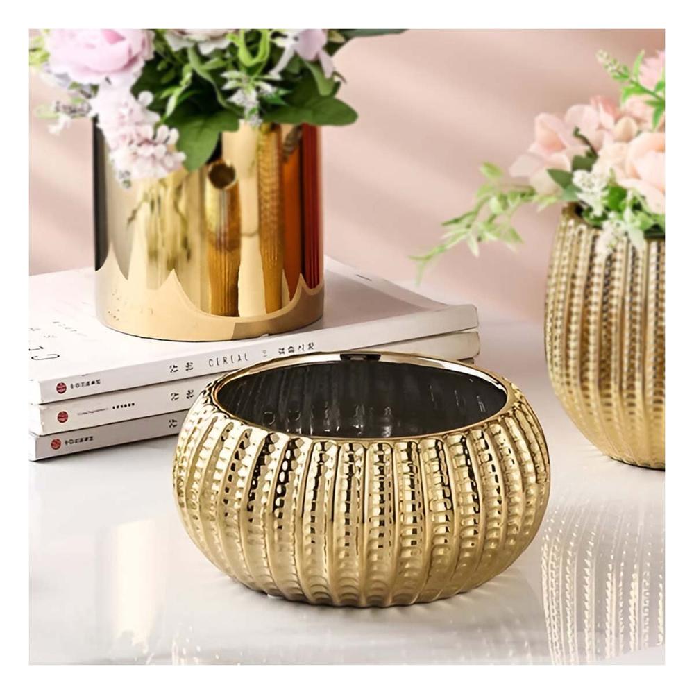 Planta Cuenco De Ceramica Galvanizada 17.5x22x11.5cm Dorado Acanalado Para Sala Y notas