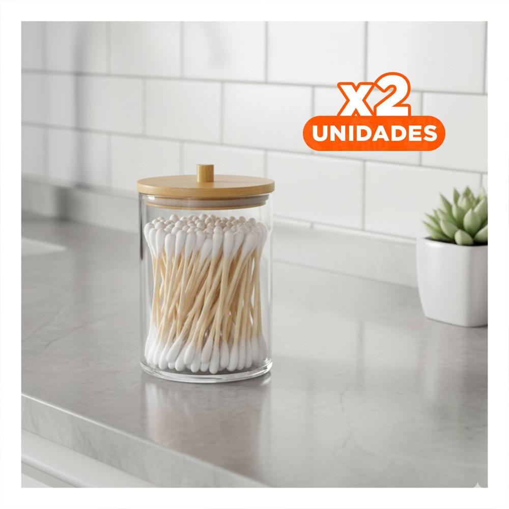 Pack2 Frasco Acrilico con Tapa de Madera 7x11cm Transparente para Hisopos
