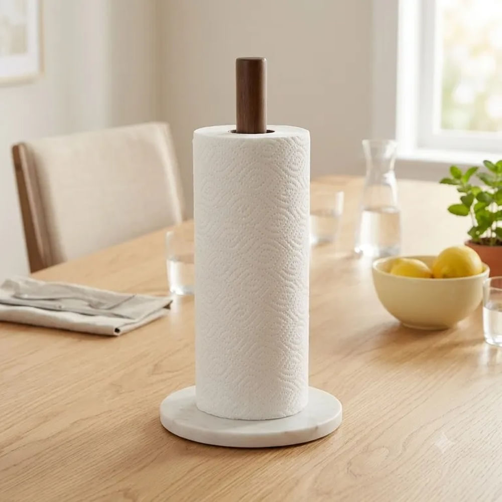 Porta Papel Toalla de Madera Acacia con Base de Cuarzo Soporte Elegante para Cocina