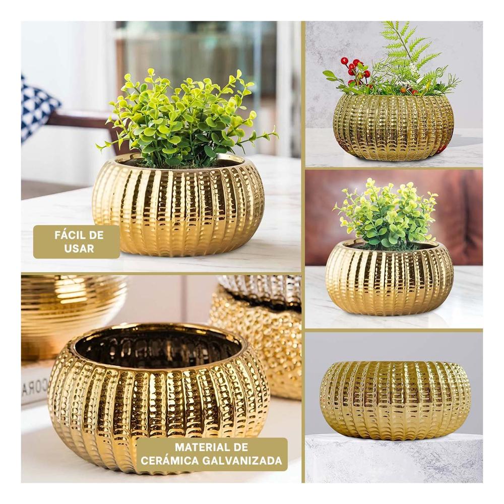 Recipiente Cuenco De Ceramica Galvanizada 17.5x22x11.5cm Dorado Acanalado Y Ligas Regalo