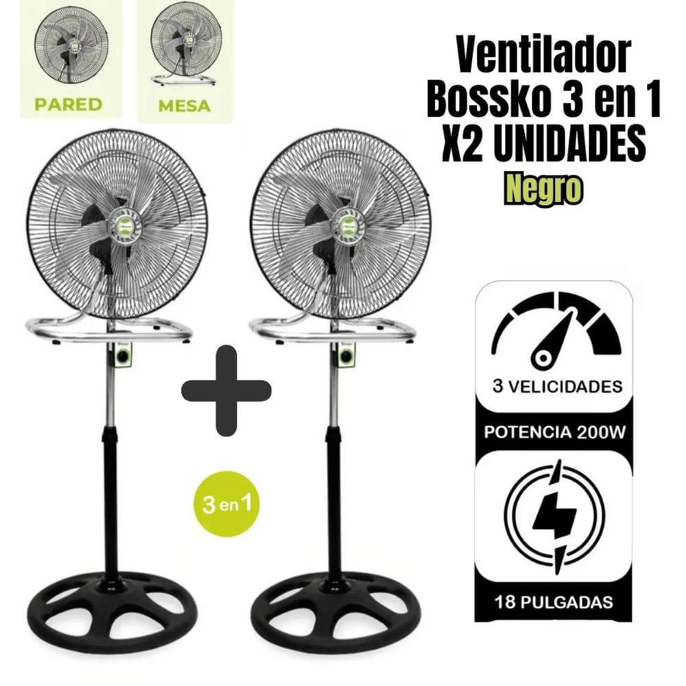 Ventilador Bossko BK-8219VI CAJA 2Uni 5 Aspas 3 en 1 de 18'' 200W Negro Caja