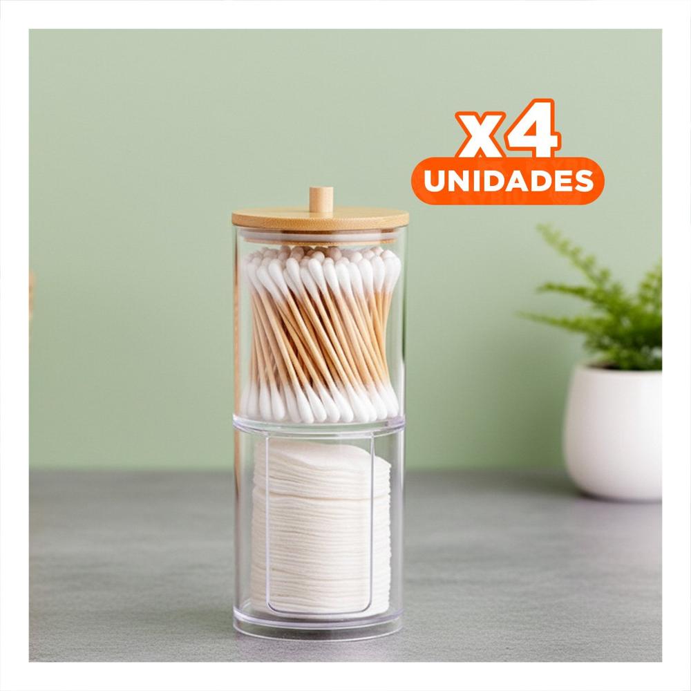 Pack4 Frasco Doble de Acrilico con Tapa de Madera Transparente Funcional Y Papel Regalo