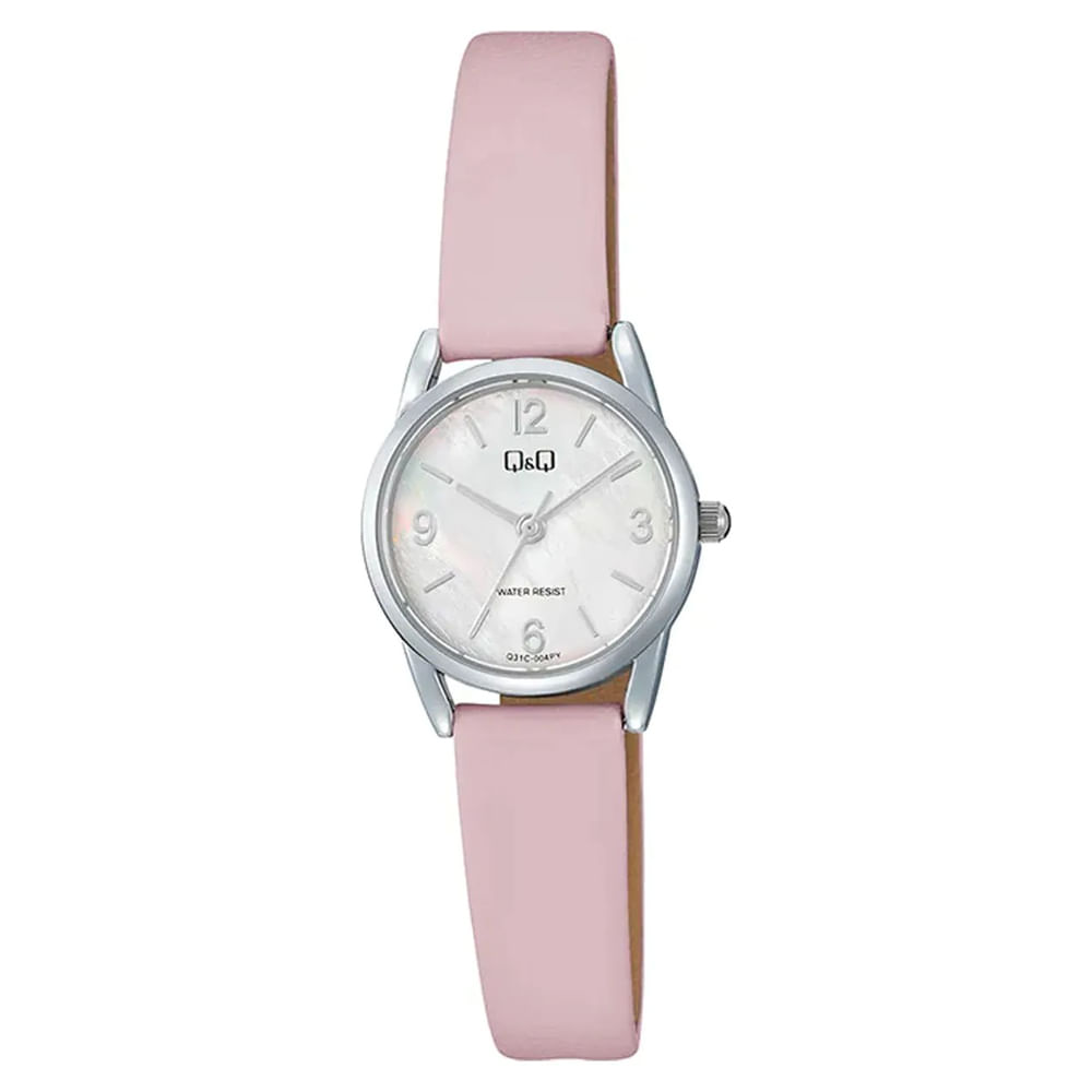 Reloj QyQ Modelo Q31C-004PY con Correa de Cuero Rosado Resistente al Agua Regalo Elegante Para Mujer
