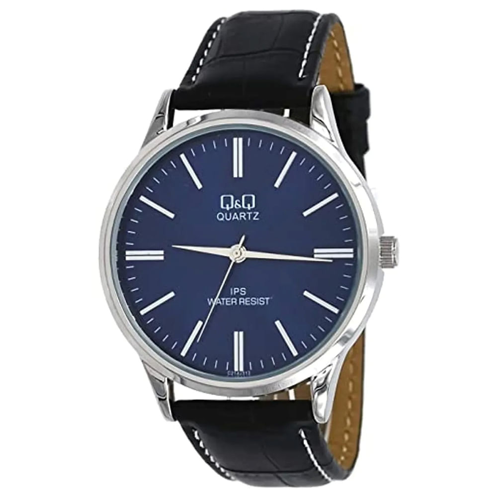 Reloj QyQ para Hombre Modelo C214J312Y Correa de Cuero Negro y Esfera Azul Ideal para Regalo
