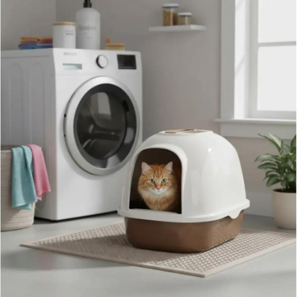 Arenero cerrado para gatos con puerta abatible - MARRÓN