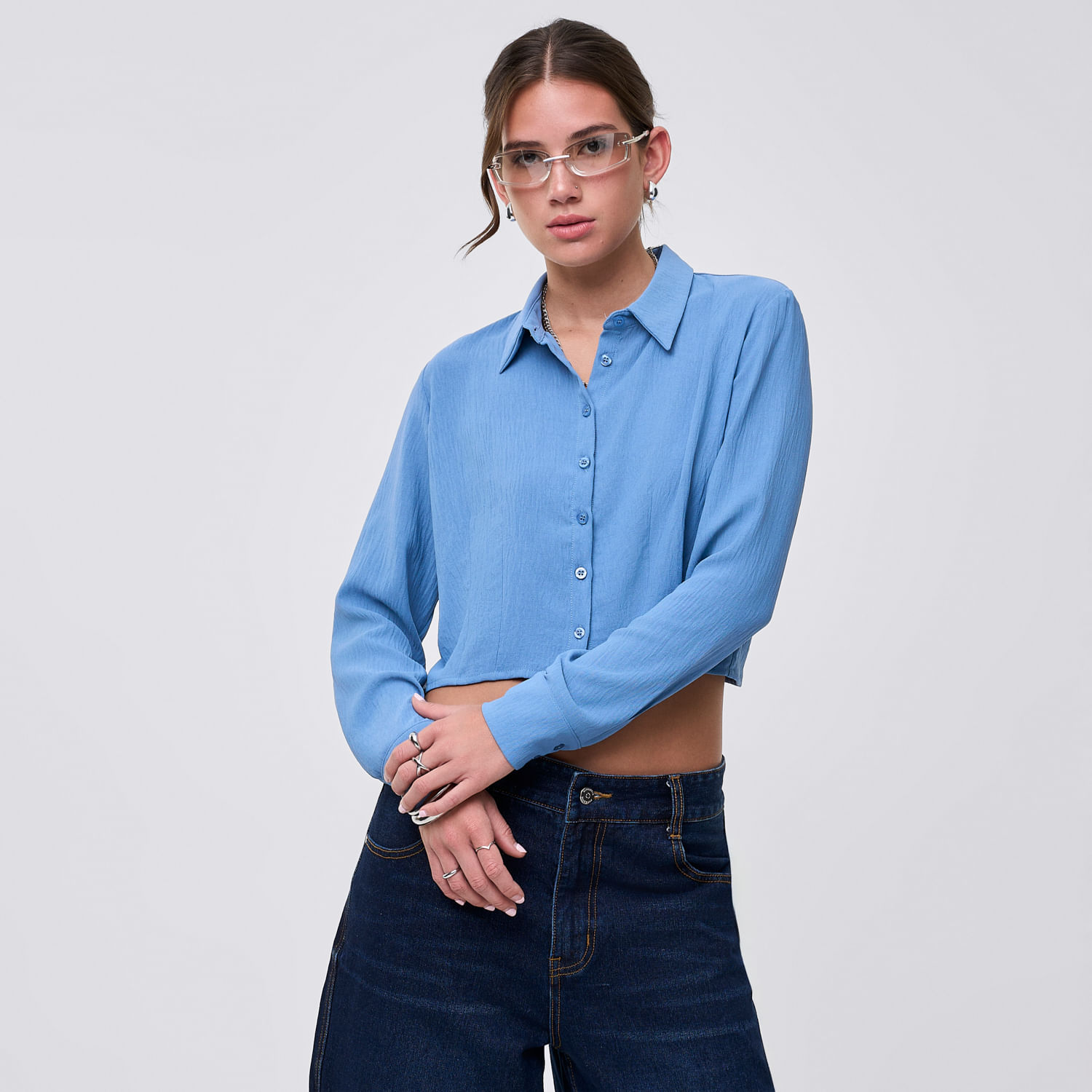 Blusa Mujer Pinzas Hypnotic Manga Larga Celeste M