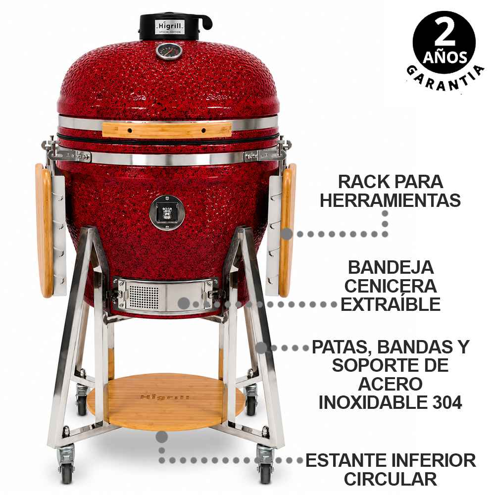 Kamado 22 Pulgadas Rojo con Puntos Negros PREMIUM Con Funda y Herramientas Básicas HIGRILL