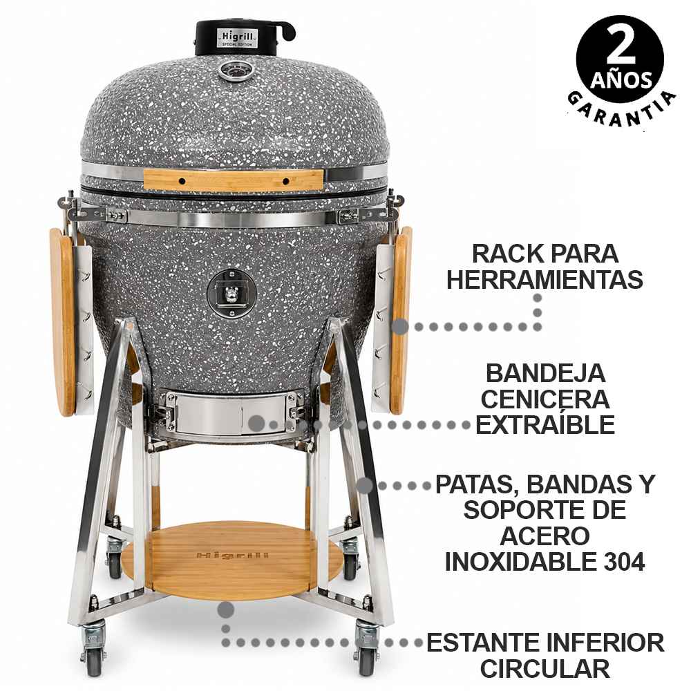 Kamado 22 Pulgadas Gris con Puntos Blancos PREMIUM Con Funda y Herramientas Básicas HIGRILL