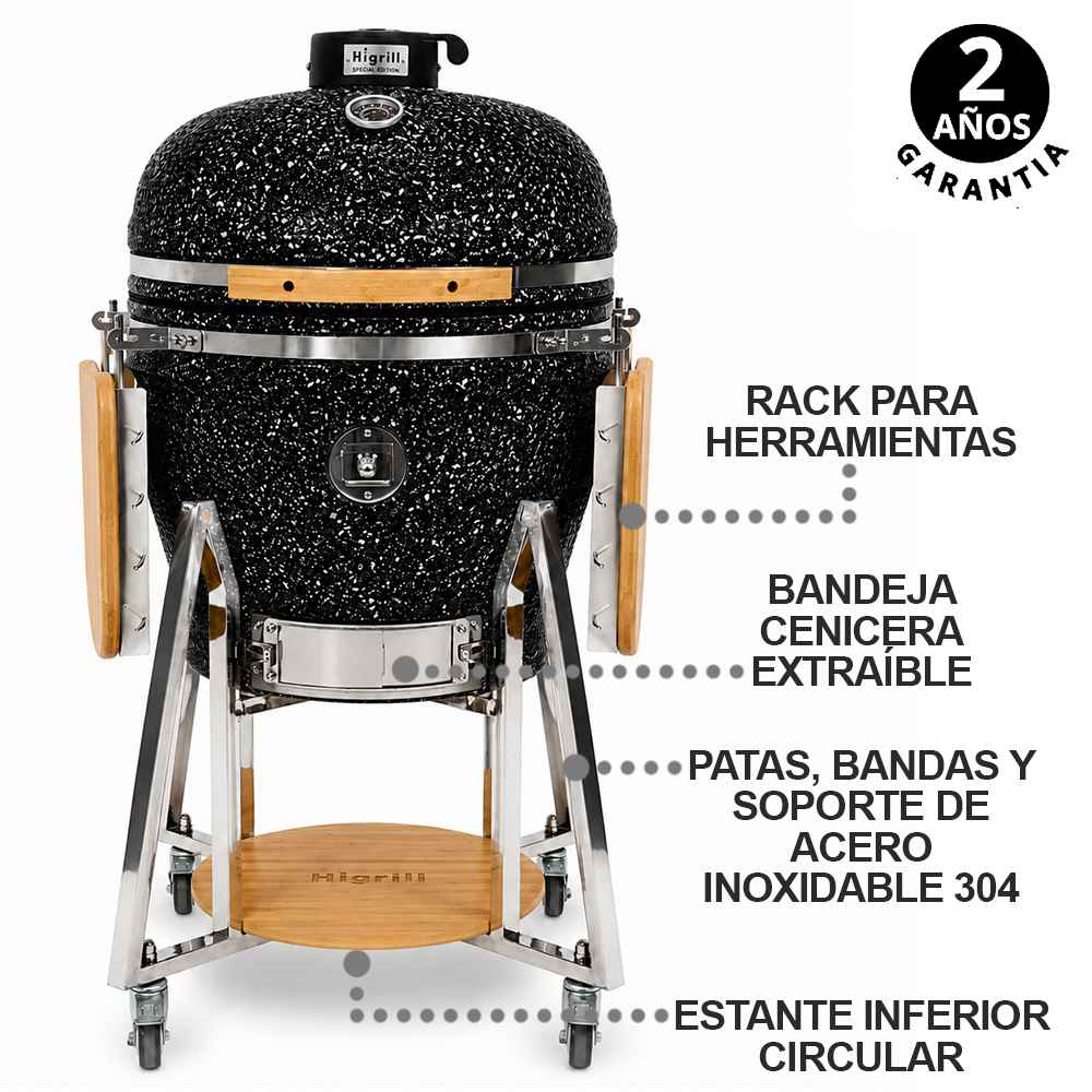 Kamado 22 Pulgadas Negro con Puntos Blancos PREMIUM Con Funda y Herramientas Básicas HIGRILL