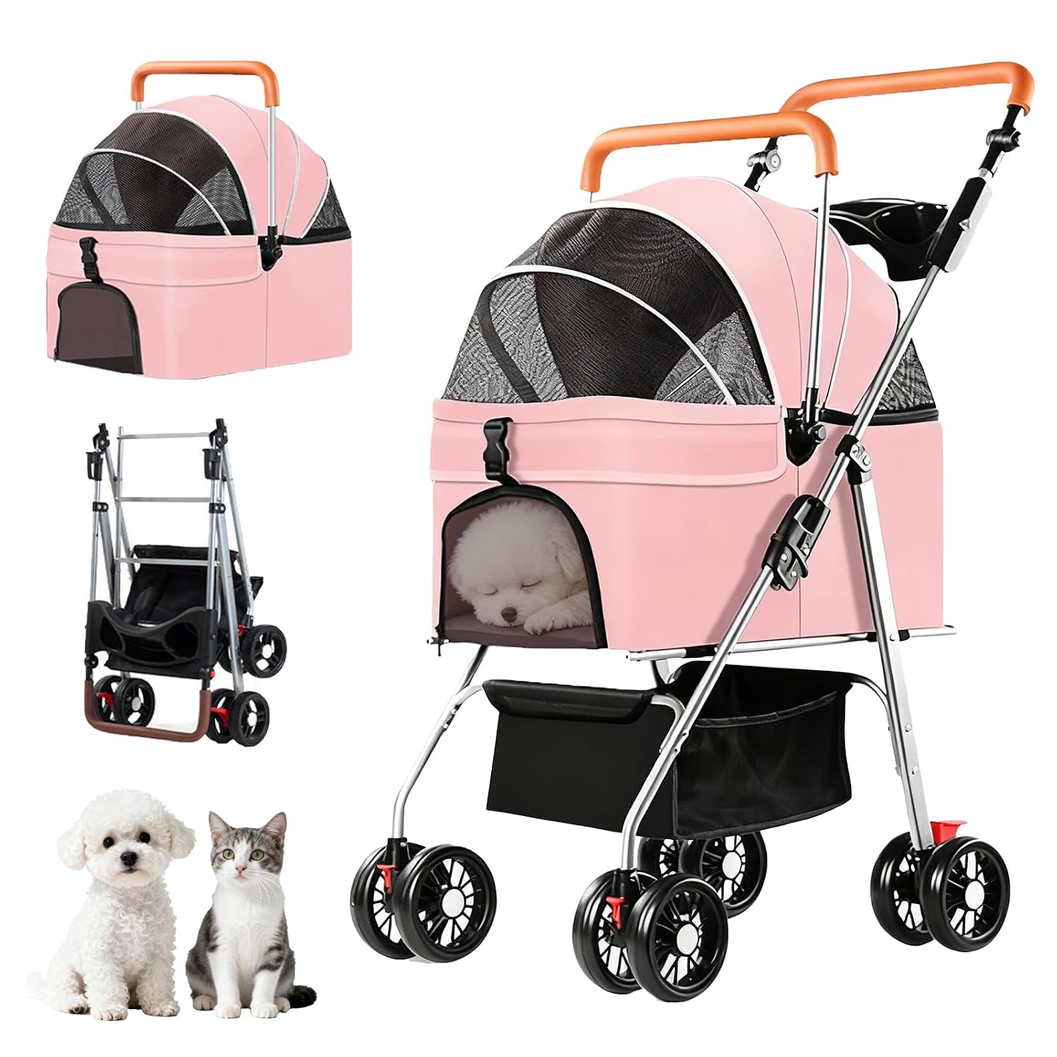 Coche 3 EN 1 para Mascotas Desmontable y Plegable - Transporte Seguro y Cómodo - ROSADO