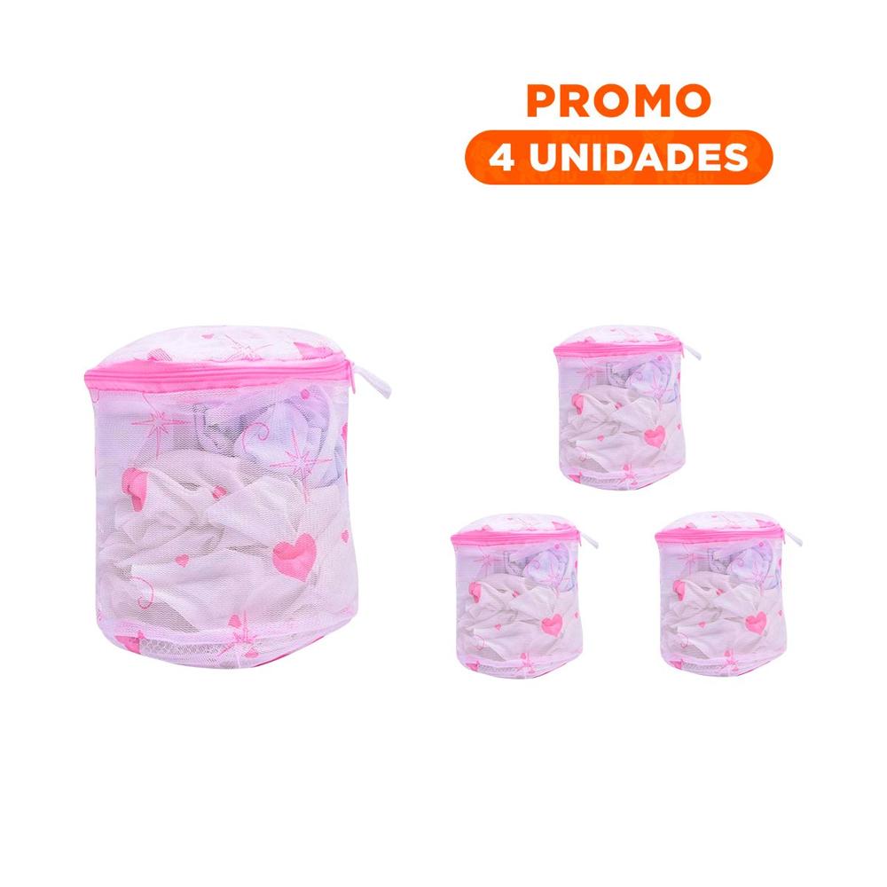 Pack4 Estuche Malla Lavadora Ropa Diseno Cilindro Blanco con Corazones Firme
