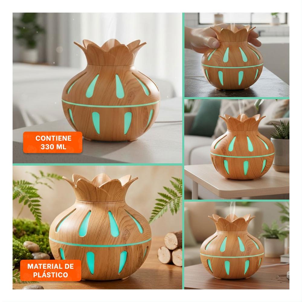 Humificador de Mesa para Ambiente Interior con Forma Floral 12x11cm Madera Claro Y Ligas Regalo