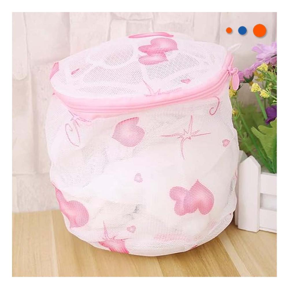Bolsa Malla Lavado Ropa Forma Cilindro Color Blanco Detalle Corazones Y Papel Regalo