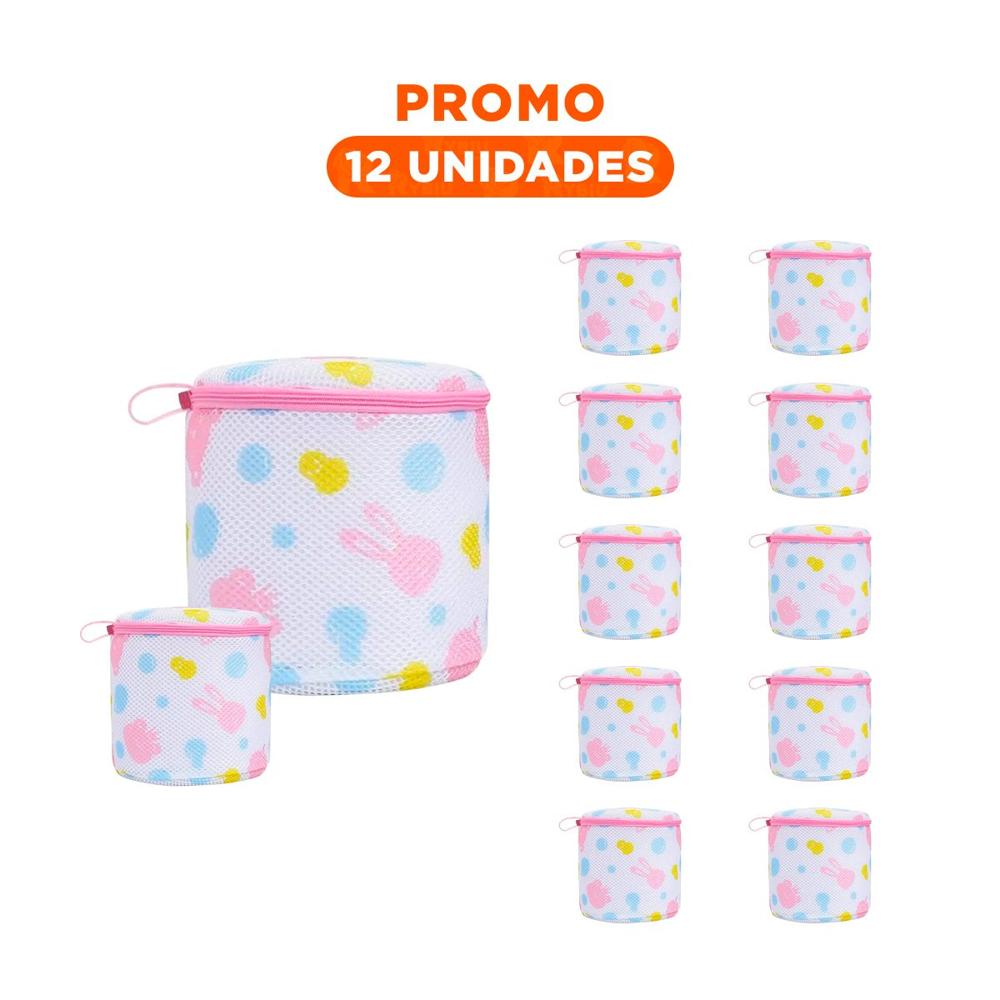 Pack12 Bolso Malla para Limpieza Ropa Formato Cilindro Blanco con Ositos