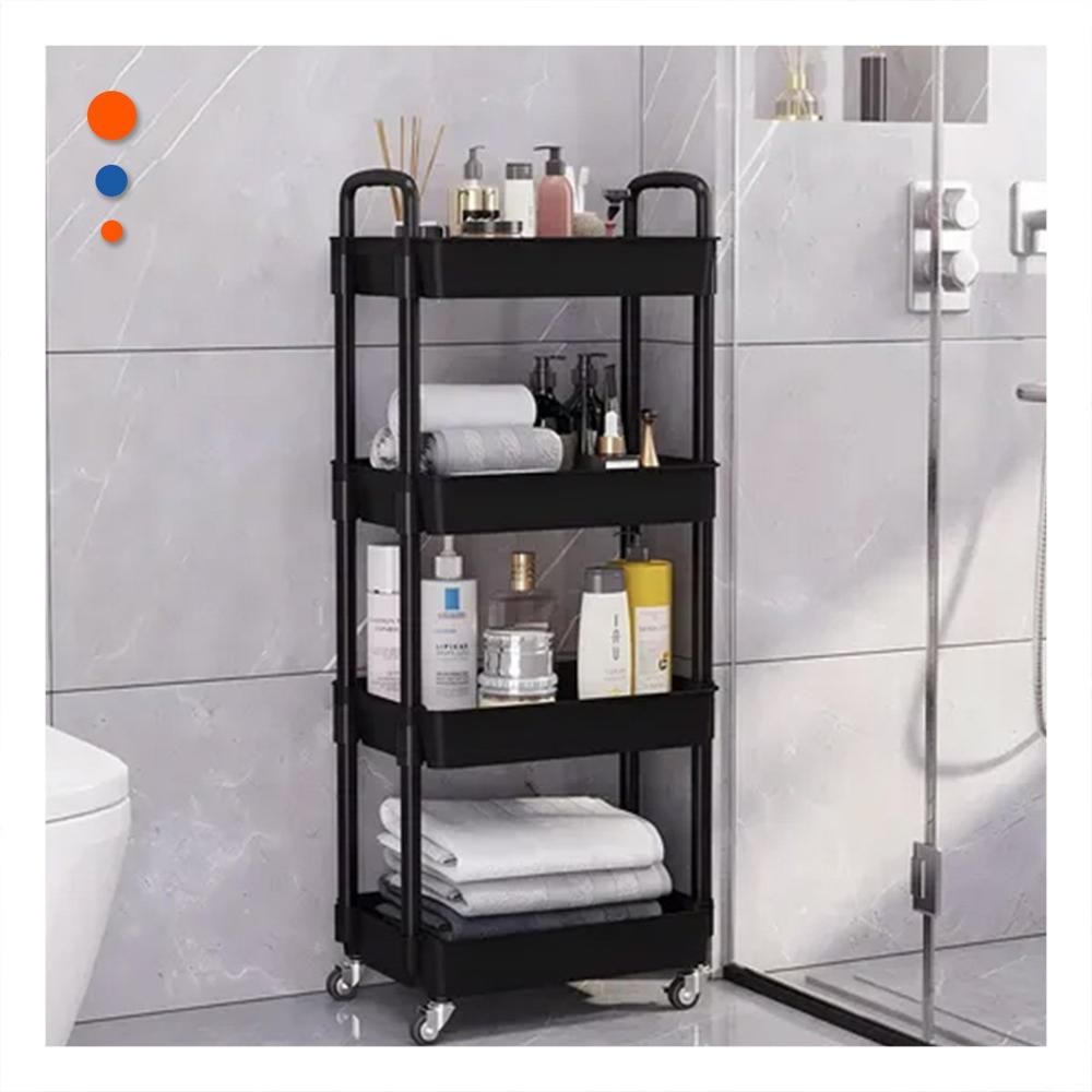 Estante Carrito 4 Niveles con Ruedas y Asas de Plastico Negro para Hogar