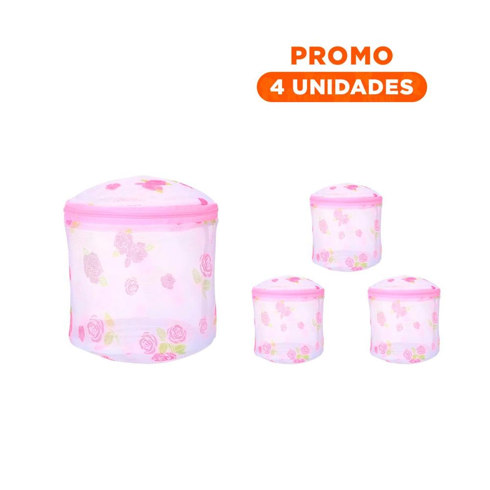 Pack4 Estuche Malla Lavadora Ropa Diseno Cilindro Blanco con Flores Firme