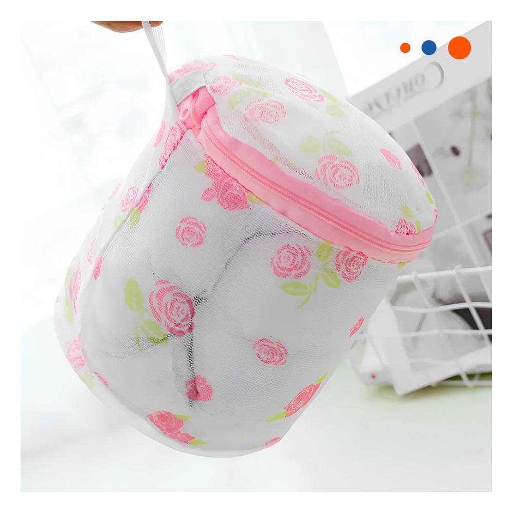 Bolsa Malla para Limpieza Ropa Formato Cilindro Blanco con Flores Seguro Y notas