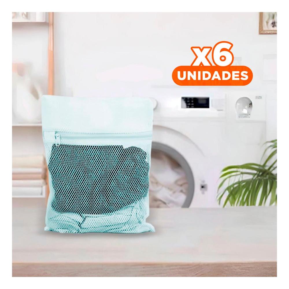 Pack6 Bolso Malla Lavado Ropa Forma Rectangular 40x30cm Celeste Fino Diario