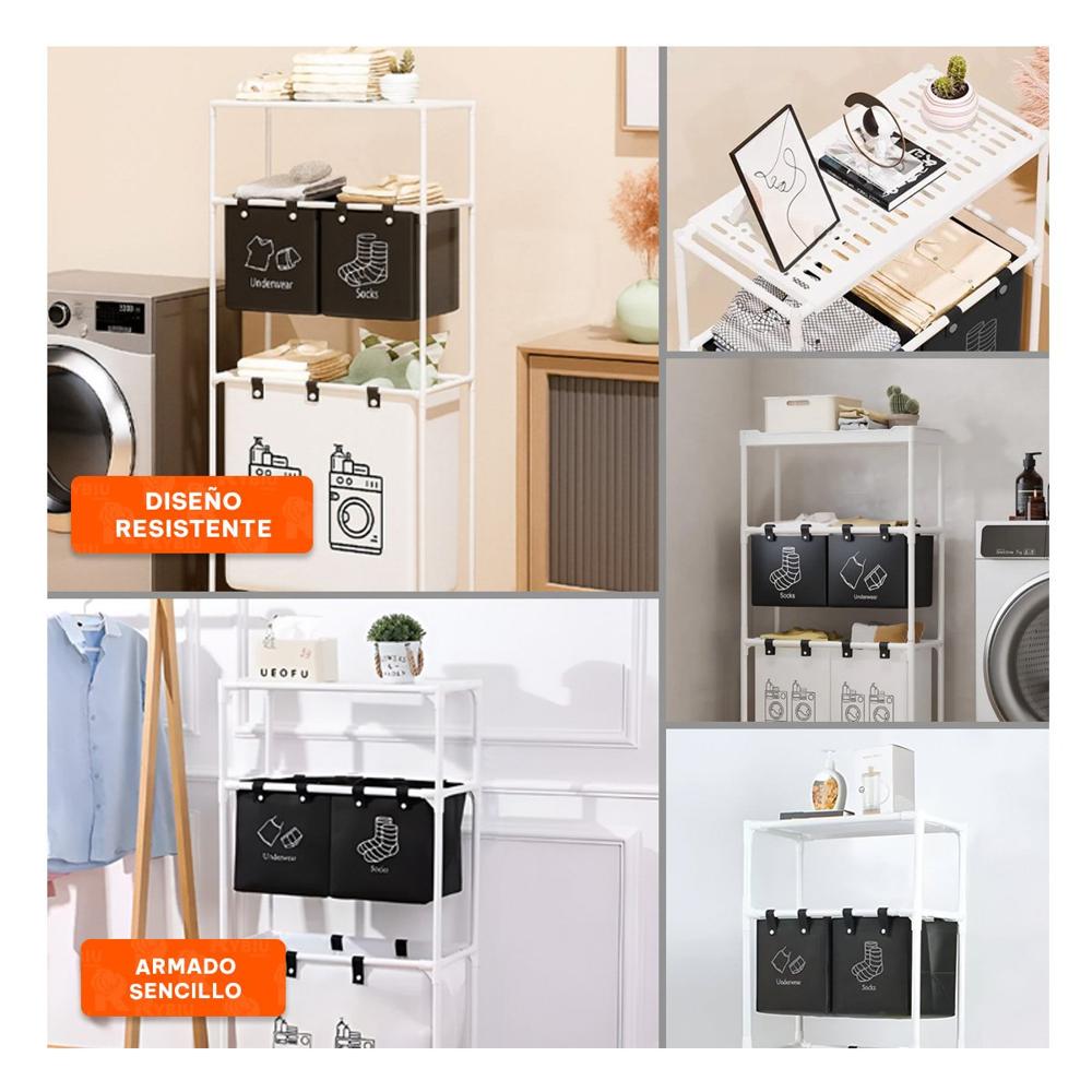 Organizador Ropa Sucia 3 Niveles Sistema Ordenado con 3 Cestos Blanco Negro Y Ligas Regalo