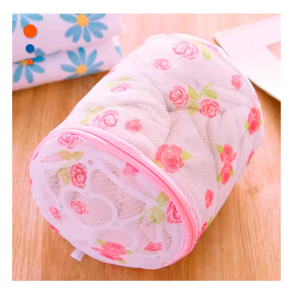 Bolsa Malla Lavado Ropa Forma Cilindro Color Blanco Detalle Rosas Extra Y Papel Regalo