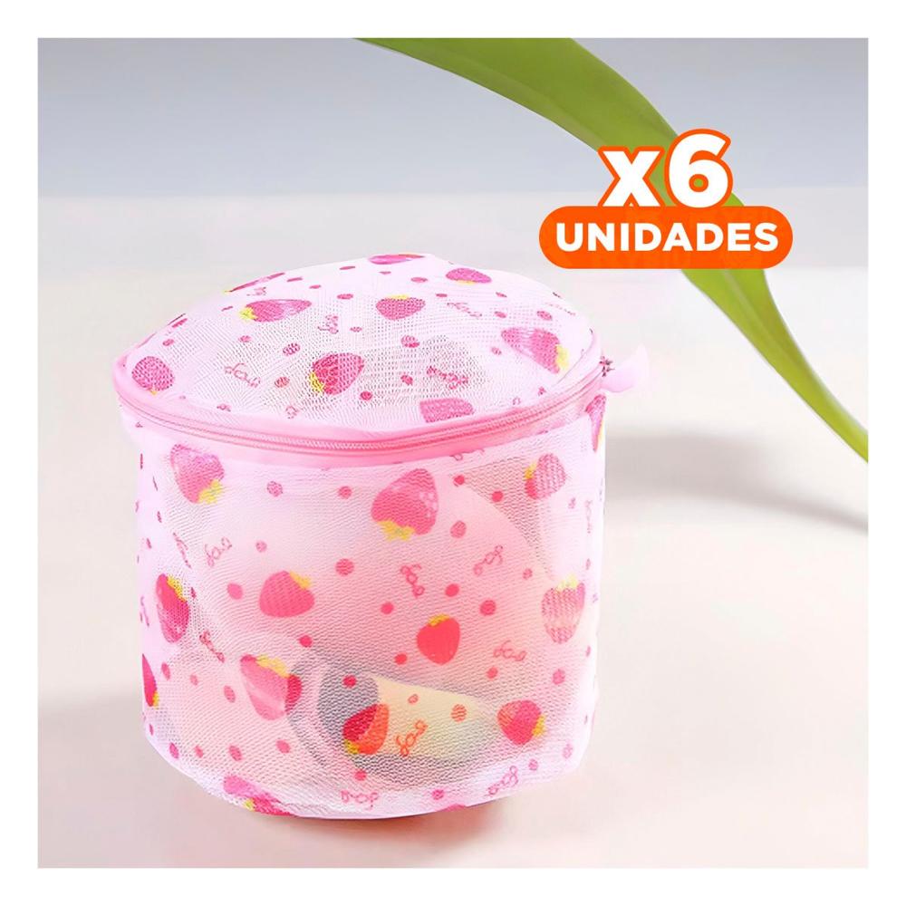 Pack6 Bolso Malla Lavado Ropa Forma Cilindro Blanco con Fresas Fino Diario