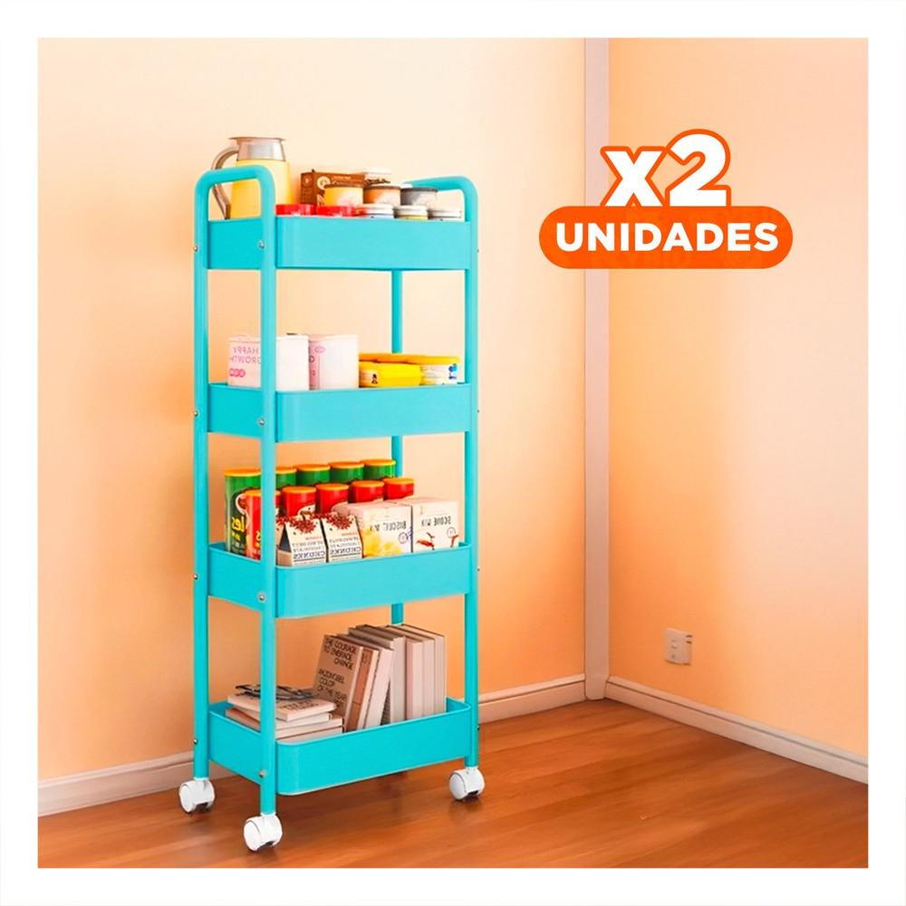 Pack2 Soporte Movil de Cuatro Niveles con Ruedas y Asas Metal Celeste Hogar Y Papel Regalo