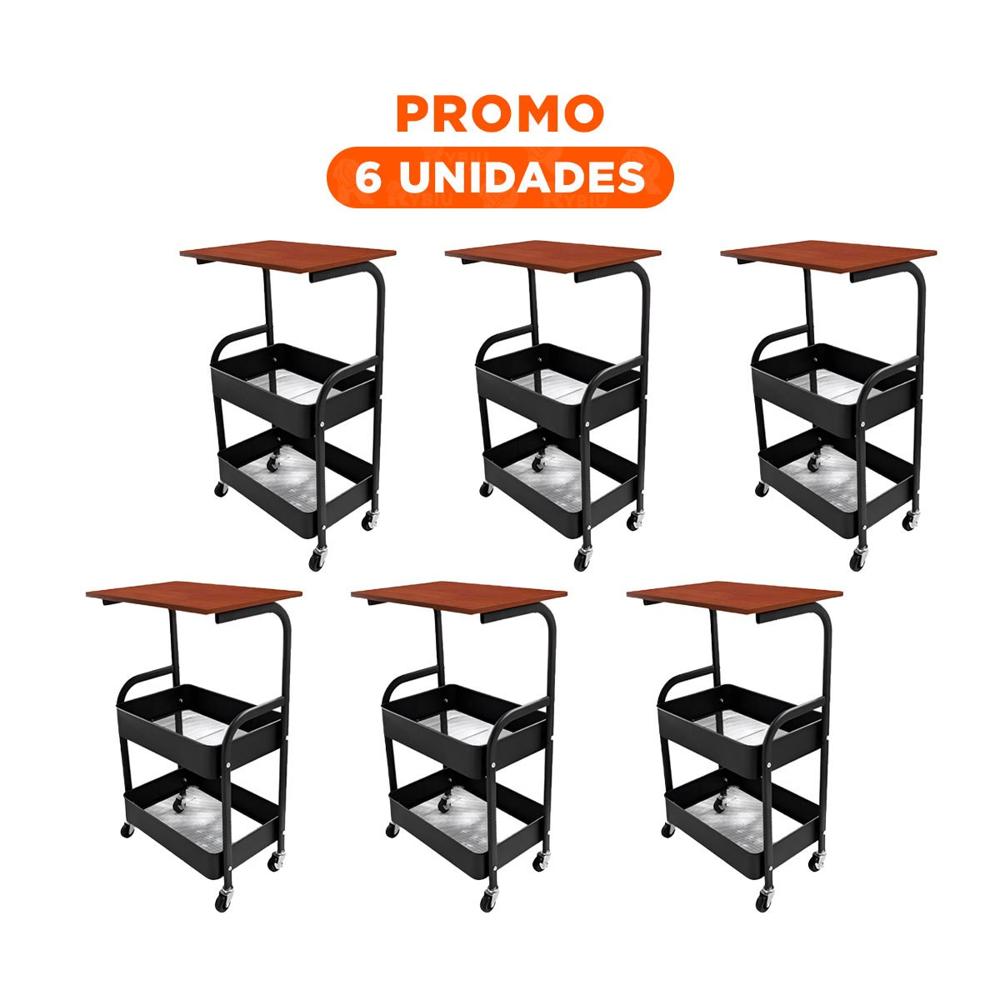 Pack6 Modulo Carrito con Mesa 3 Niveles Forma Moderna con Ruedas Negro Y Regalo Sticker