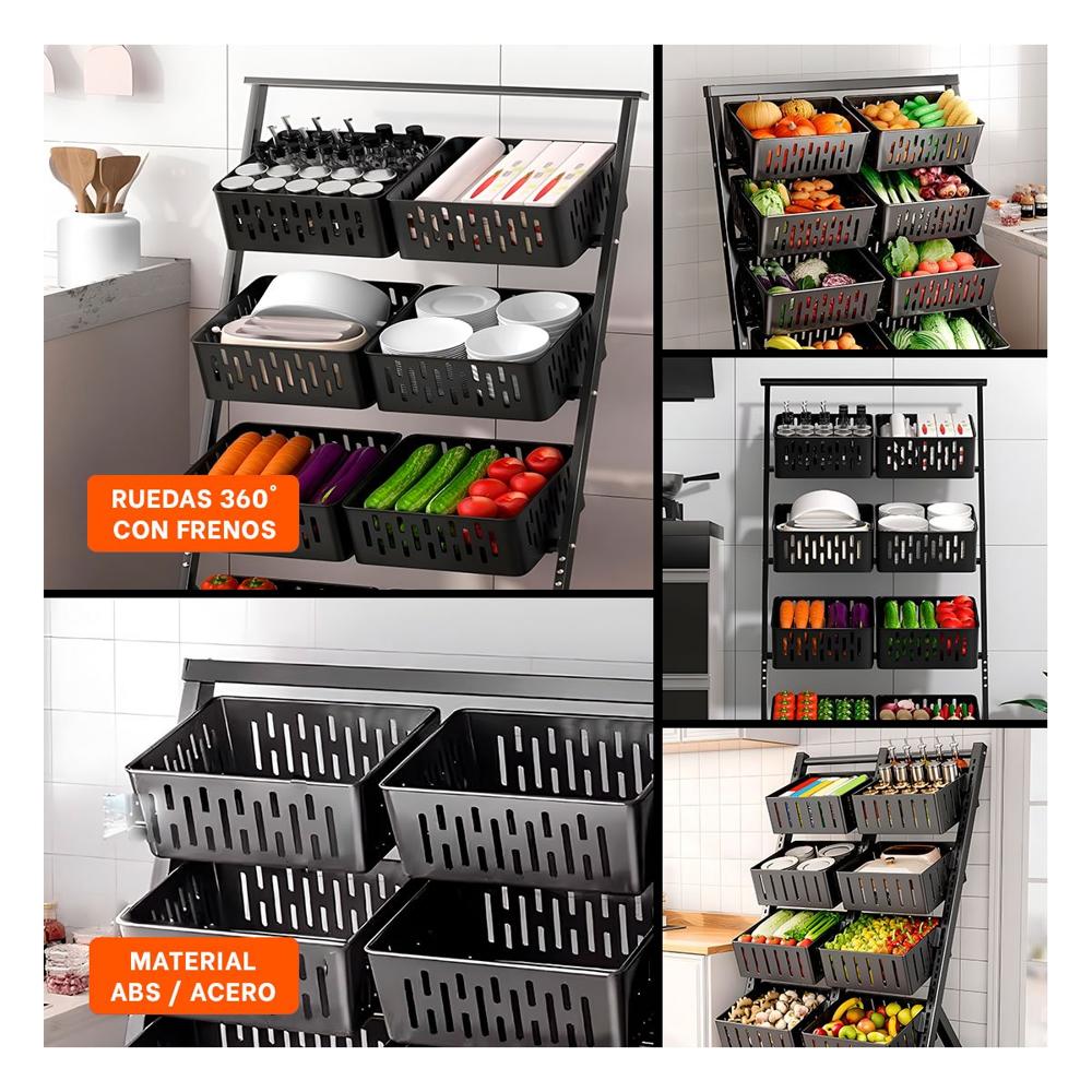 Rodante Organizador con 4 Niveles y 8 Bandejas para Casa Ordenada Negro Y Ligas Regalo