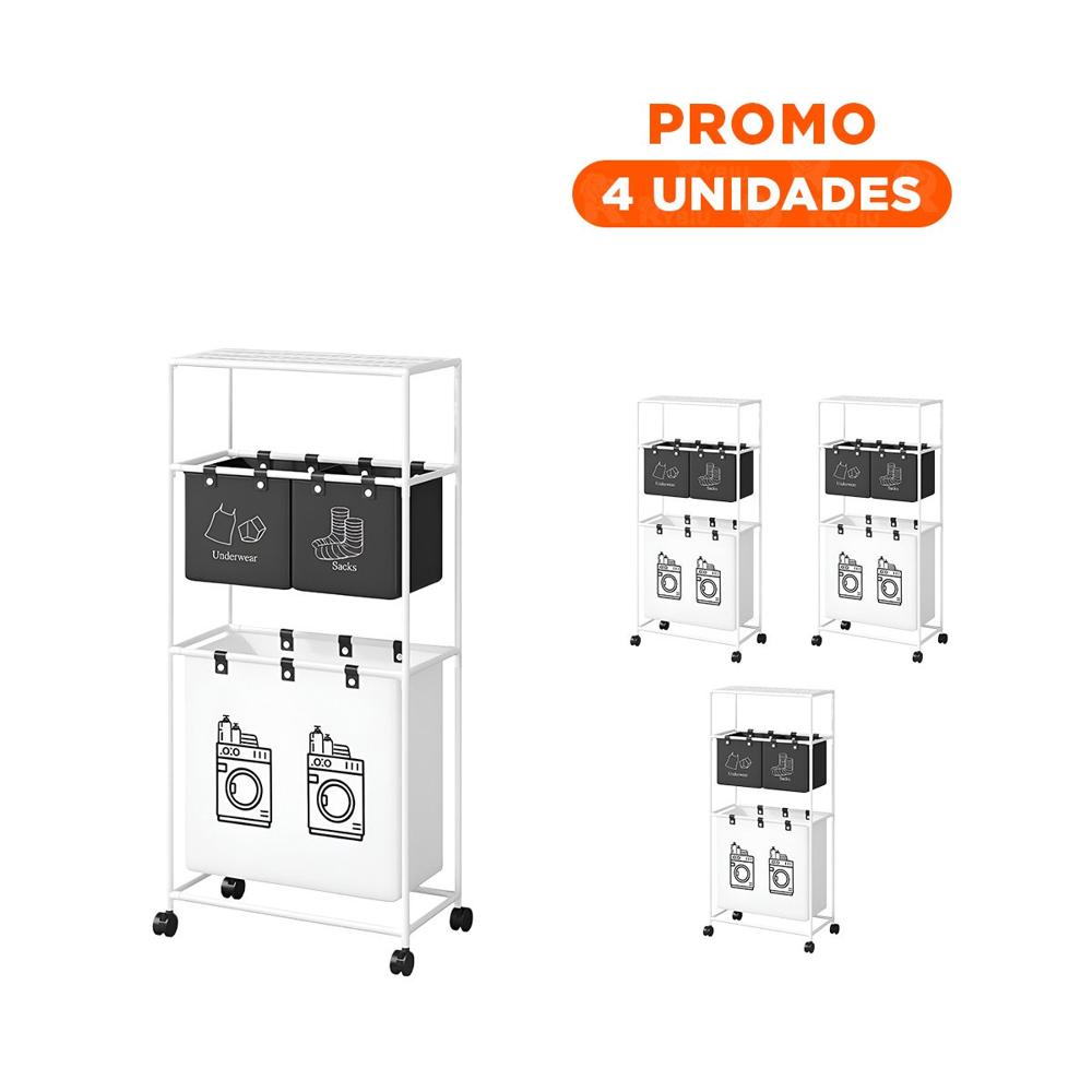 Pack4 Mueble Ropa Sucia 3 Niveles Sistema Organizador con 3 Cestos Blanco Negro