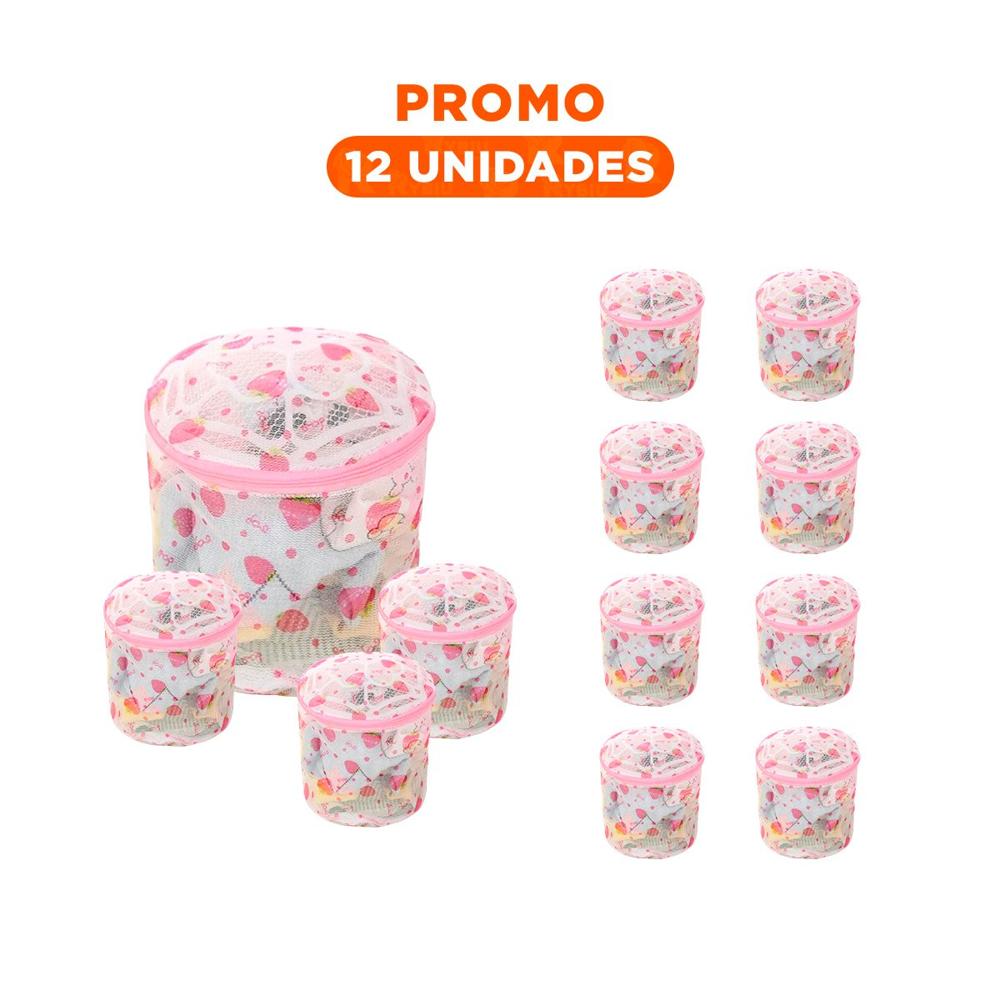Pack12 Bolso Malla para Limpieza Ropa Formato Cilindro Blanco con Fresas