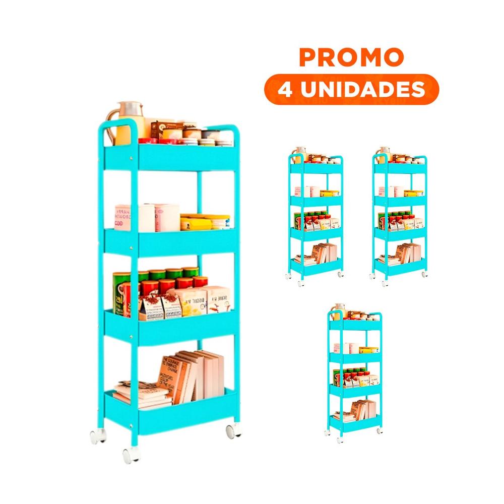 Pack4 Rack Movil de Cuatro Niveles con Ruedas y Asas Metal Celeste Hogar